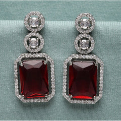 Women's Brass Silver Plated Drop Earrings (Red)