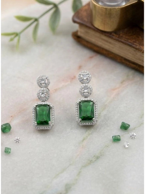 Women's Brass Silver Plated Drop Earrings (Green)