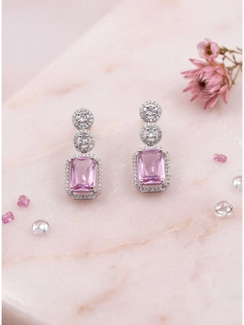 Women's Brass Silver Plated Drop Earrings (Pink)
