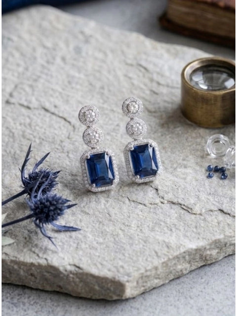 Women's Brass Silver Plated Drop Earrings (Blue)
