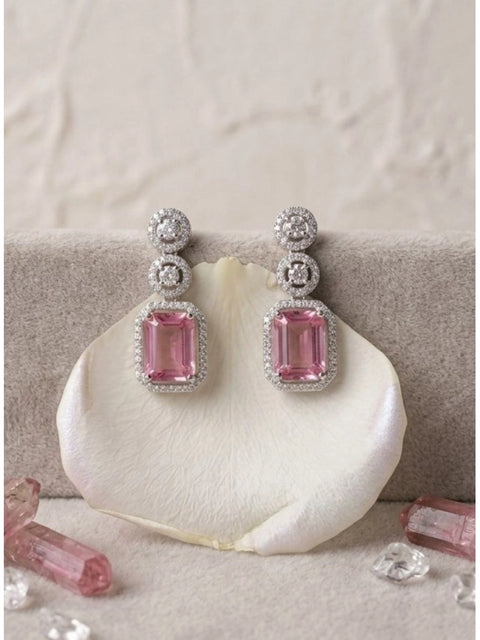 Women's Brass Silver Plated Drop Earrings (Pink)