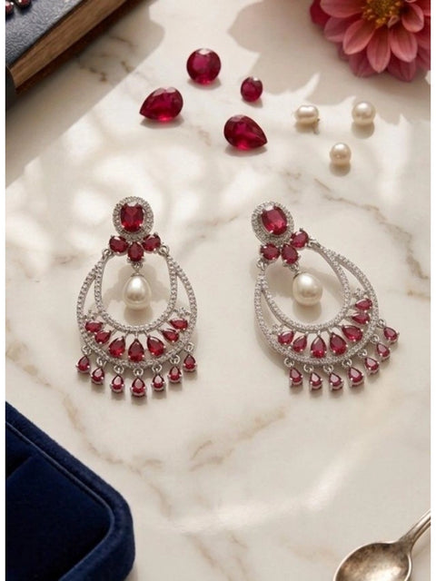 Women's Brass Silver Plated Chandbali Earrings (Red)