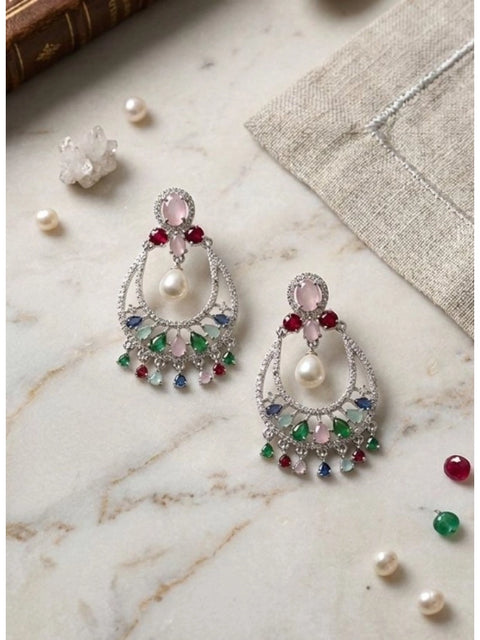 Women's Brass Silver Plated Chandbali Earrings (Multicolor)