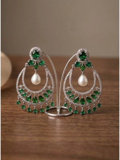 Women's Brass Silver Plated Chandbali Earrings (Green)