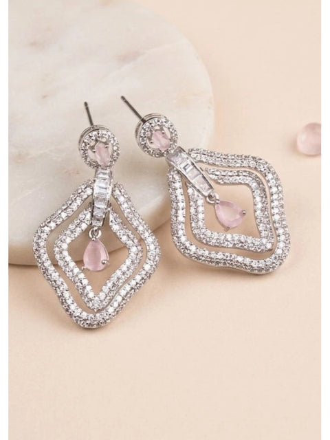 Women's Brass Silver Plated Drop Earrings (Pink)