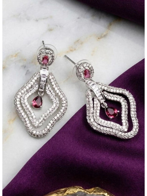 Women's Brass Silver Plated Drop Earrings (Red)