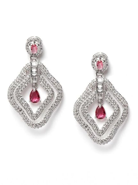 Women's Brass Silver Plated Drop Earrings (Red)