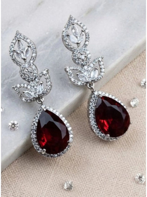 Women's Brass Silver Plated Drop Earrings (Red)