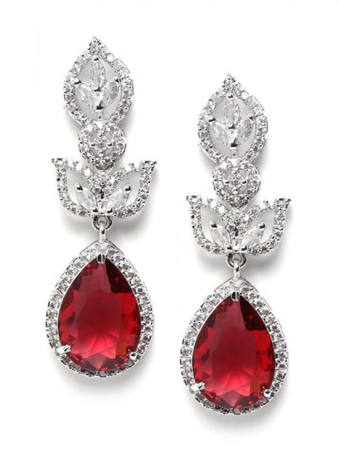 Women's Brass Silver Plated Drop Earrings (Red)