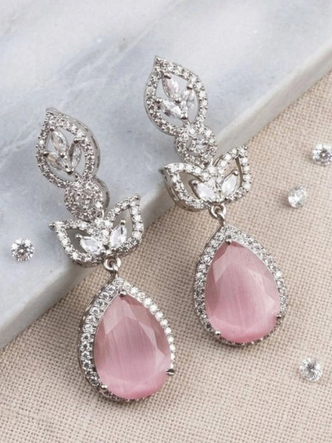 Women's Brass Silver Plated Drop Earrings (Pink)