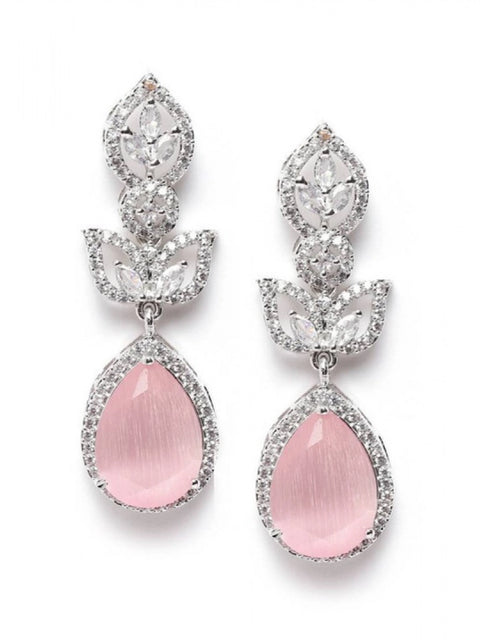 Women's Brass Silver Plated Drop Earrings (Pink)