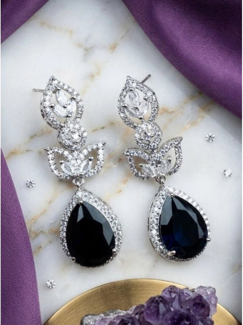 Women's Brass Silver Plated Drop Earrings (Blue)