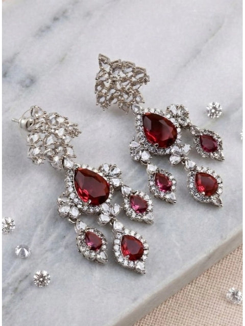 Women's Brass Silver Plated Drop Earrings (Red)