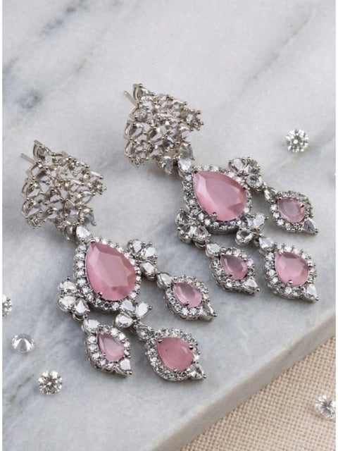 Women's Brass Silver Plated Drop Earrings (Pink)