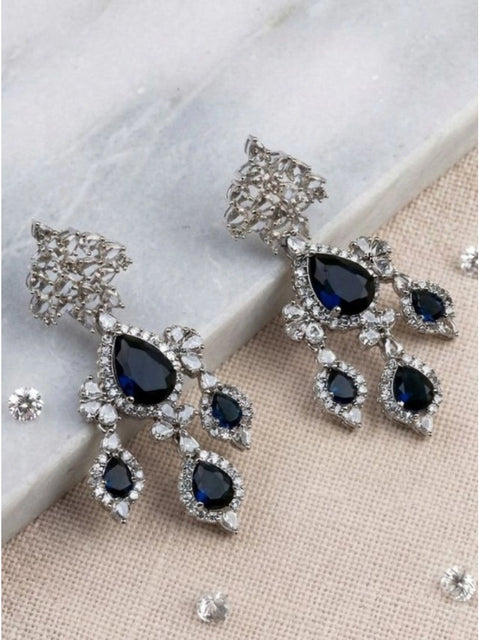 Women's Brass Silver Plated Drop Earrings (Blue)