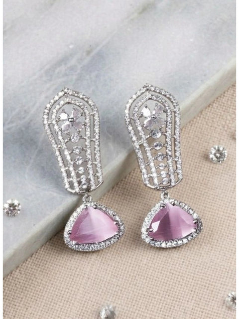 Women's Brass Silver Plated Drop Earrings (Pink)