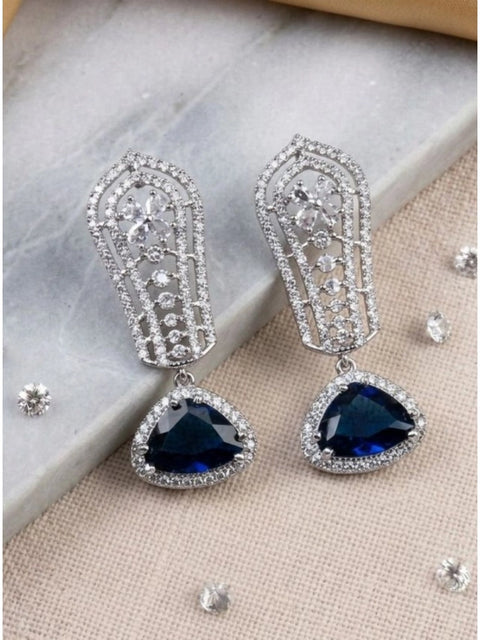 Women's Brass Silver Plated Drop Earrings (Blue)