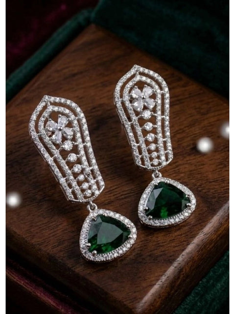 Women's Brass Silver Plated Drop Earrings (Green)
