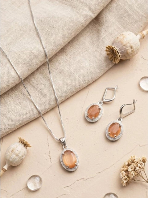 Women's Brass Silver Plated Pendant Set (Orange)