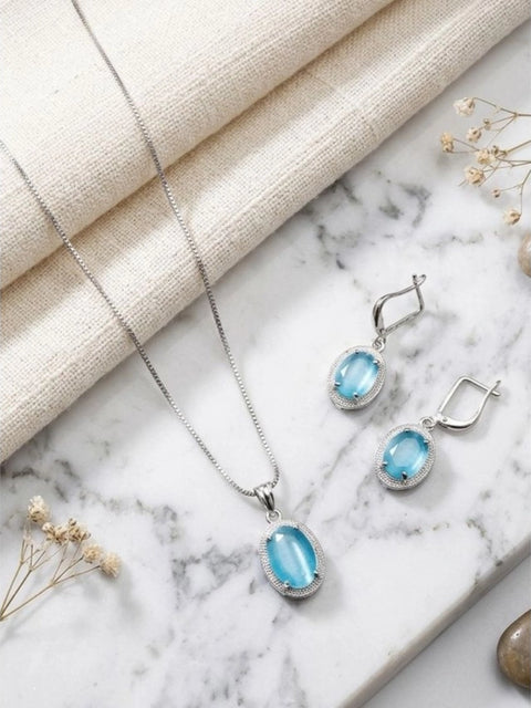Women's Brass Silver Plated Pendant Set (Blue)