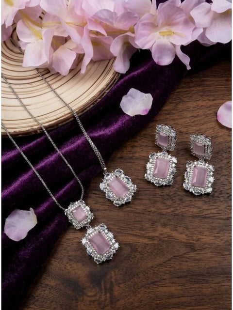 Women's Brass Silver Plated Pendant Set (Pink)