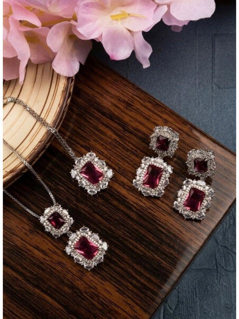 Women's Brass Silver Plated Pendant Set (Red)