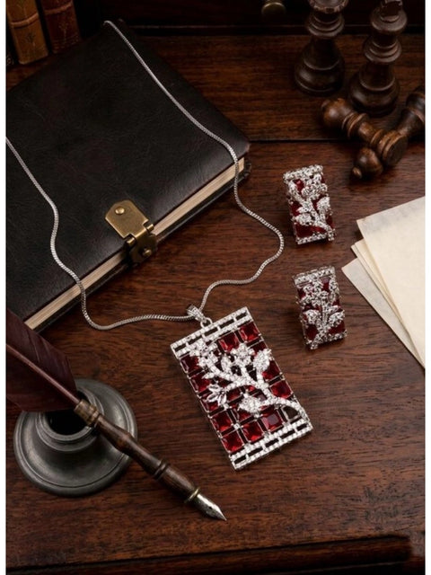 Women's Brass Silver Plated Pendant Set (Red)