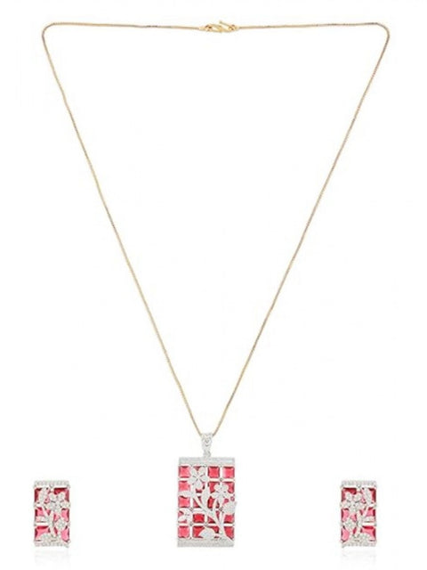 Women's Brass Silver Plated Pendant Set (Red)