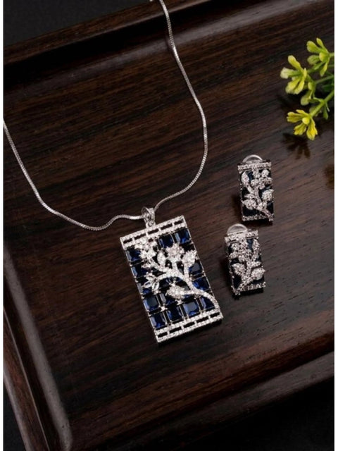 Women's Brass Silver Plated Pendant Set (Blue)