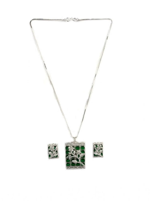 Women's Brass Silver Plated Pendant Set (Green)
