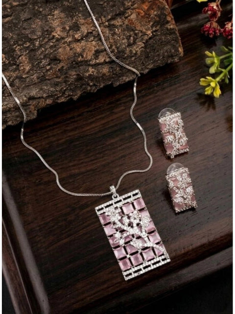 Women's Brass Silver Plated Pendant Set (Pink)