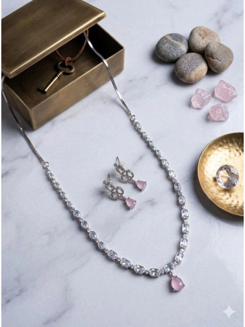 Women's Brass Silver Plated Necklace set (Pink)