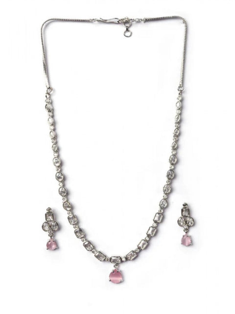 Women's Brass Silver Plated Necklace set (Pink)