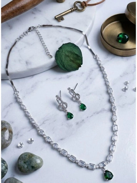 Women's Brass Silver Plated Necklace set (Green)