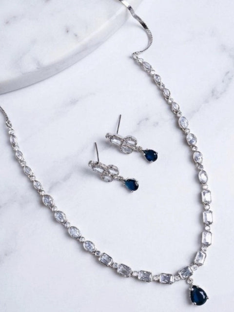 Women's Brass Silver Plated Necklace set (Blue)