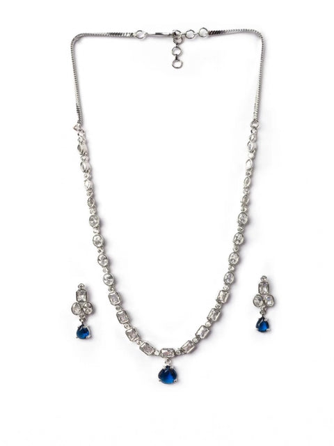 Women's Brass Silver Plated Necklace set (Blue)