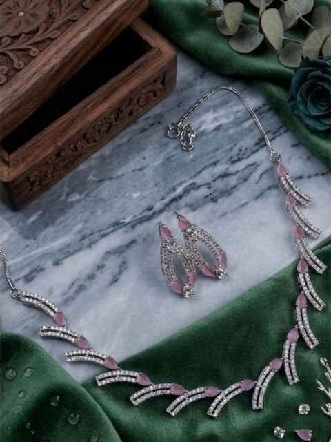 Women's Brass Silver Plated Necklace set (Pink)