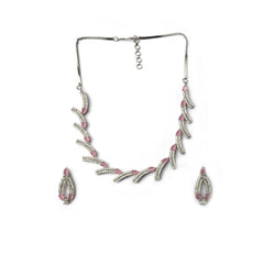 Women's Brass Silver Plated Necklace set (Pink)