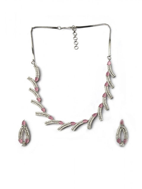 Women's Brass Silver Plated Necklace set (Pink)