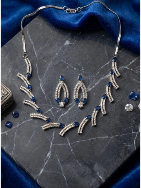 Women's Brass Silver Plated Necklace set (Blue)
