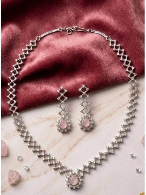 Women's Brass Silver Plated Necklace set (Pink)