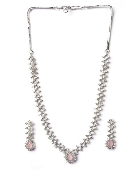 Women's Brass Silver Plated Necklace set (Pink)