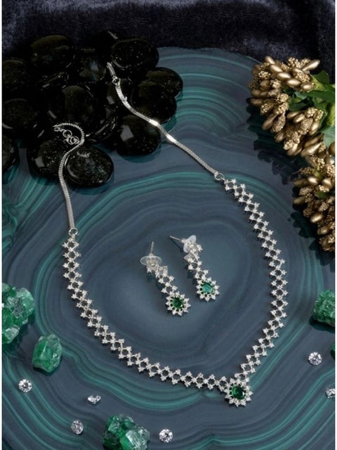 Women's Brass Silver Plated Necklace set (Green)