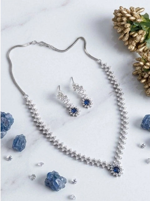 Women's Brass Silver Plated Necklace set (Blue)
