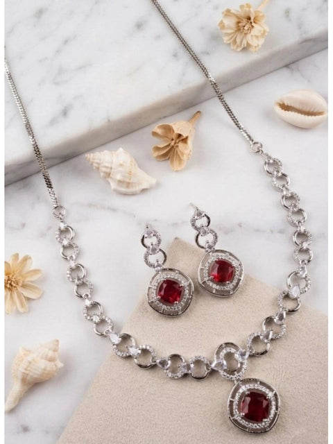 Women's Brass Silver Plated Necklace set (Red)