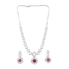 Women's Brass Silver Plated Necklace set (Red)