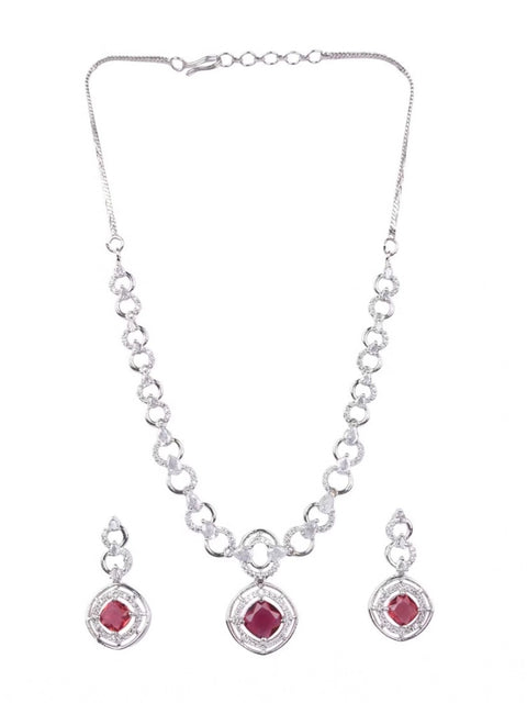 Women's Brass Silver Plated Necklace set (Red)