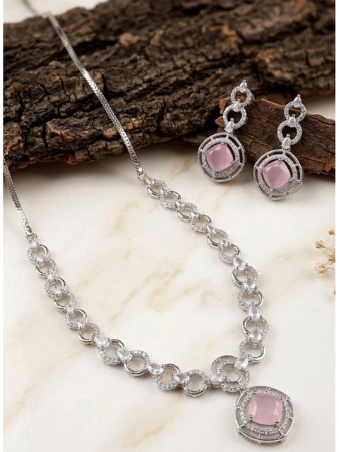 Women's Brass Silver Plated Necklace set (Pink)