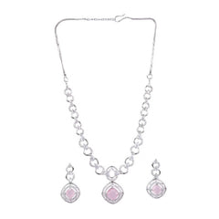 Women's Brass Silver Plated Necklace set (Pink)