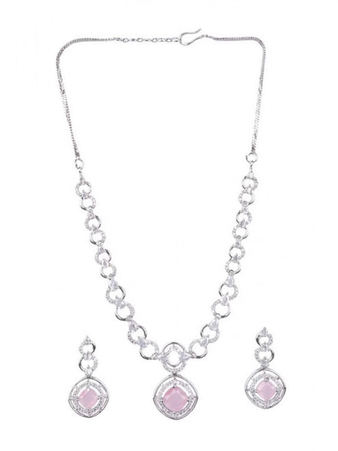 Women's Brass Silver Plated Necklace set (Pink)